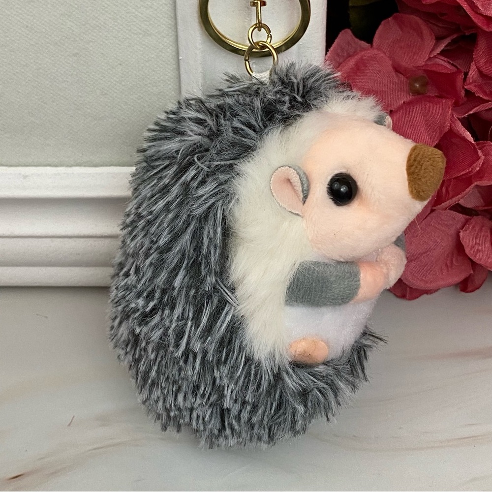 Fluffy Gray and White Hedgehog Keychain Charm - Picture 4 of 14